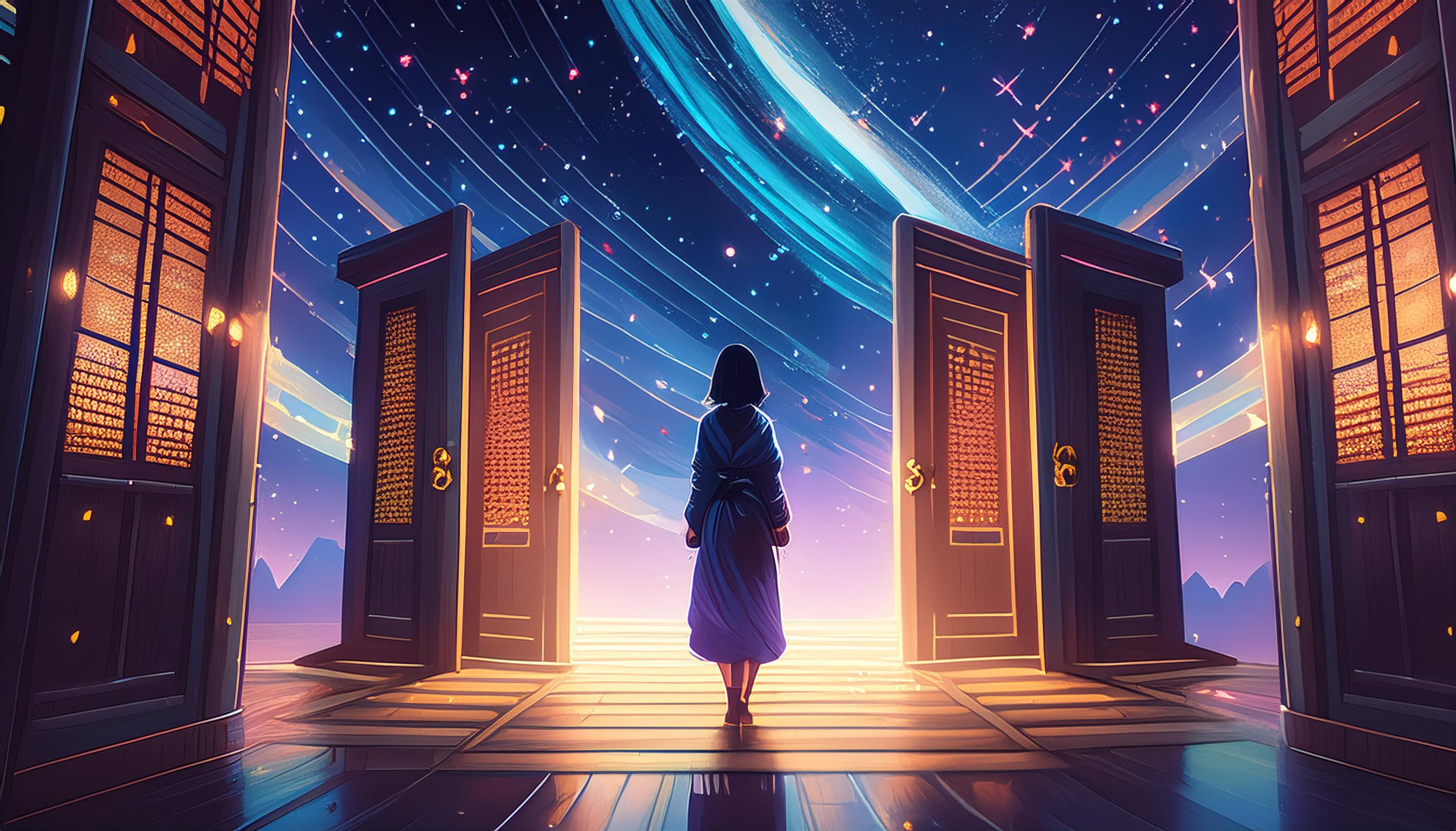 満天の星空の下女性が立っている。